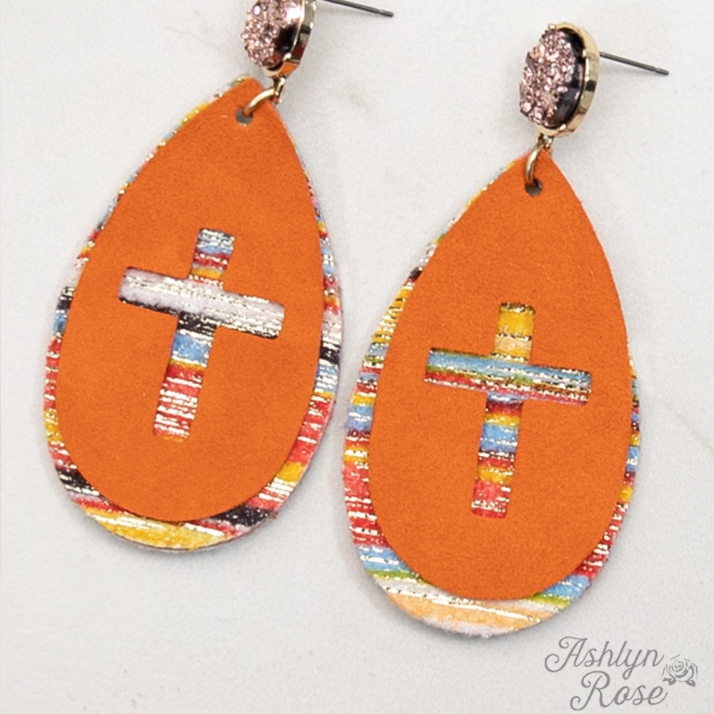 Orange Teardrop Cross Earrings